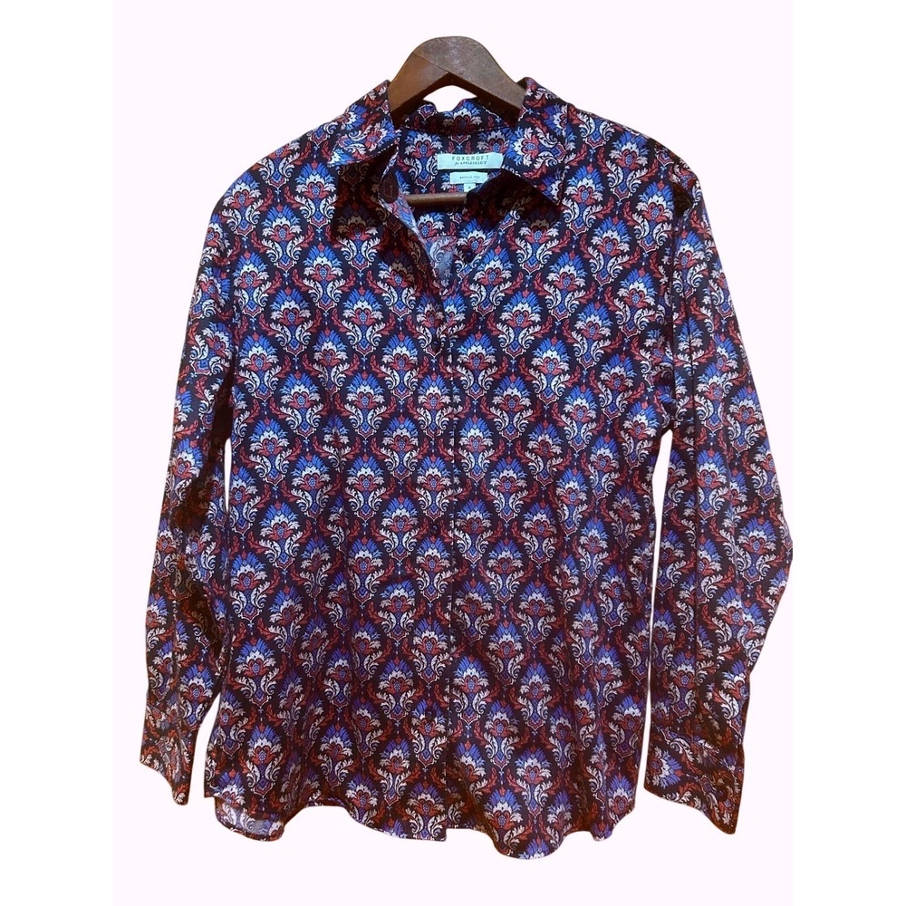 Foxcroft Appleseeds Wrinkle Free Shirt Womens 8 Blue Multicolor Office Career